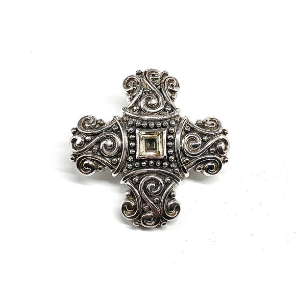 Chunky ! - Sterling Silver Cross Pendant Scrolling Design Citrine Pendant - Picture 3 of 6